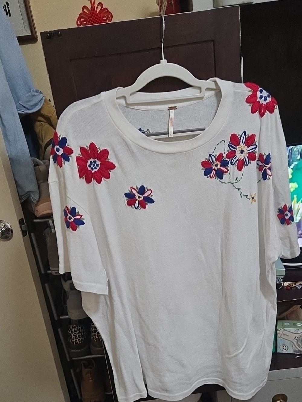 Free People White Short Sleeve Tee with Red & Blue Floral Embroidery